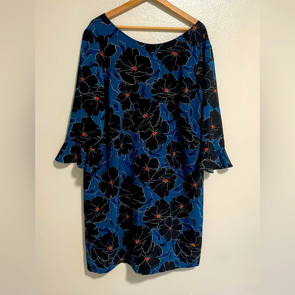 Cooper & Ella‎ Floral Shift Dress Bell Sleeve Boat Neck Back Zip Blue Size 1X